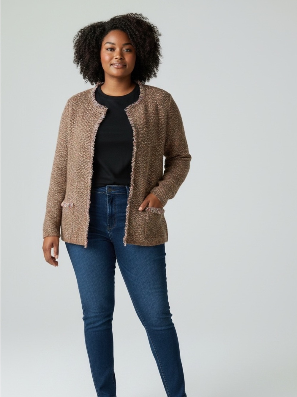 Gio & Gio Women's Open-Front Colorful Taupe Knit Wool Blend Cardigan Sweater